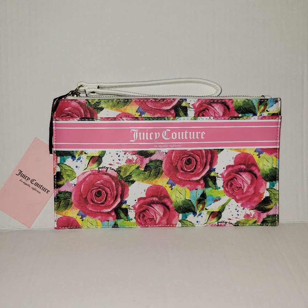 Juicy Couture White Multirose Gothic Logo Stripe Envelope Wristlet